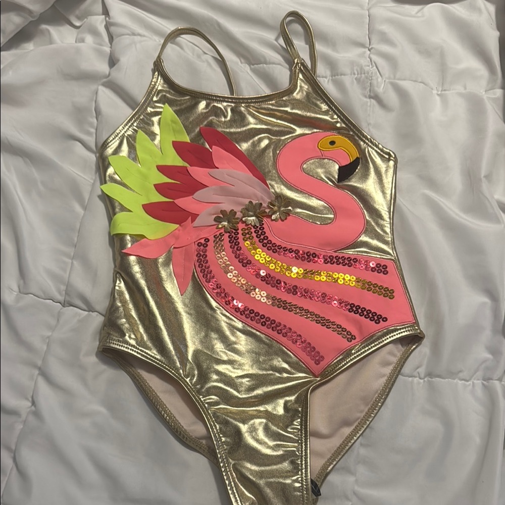 Peek Metallic Gold One-Piece Swim with Pink Flamingo & Neon Wings